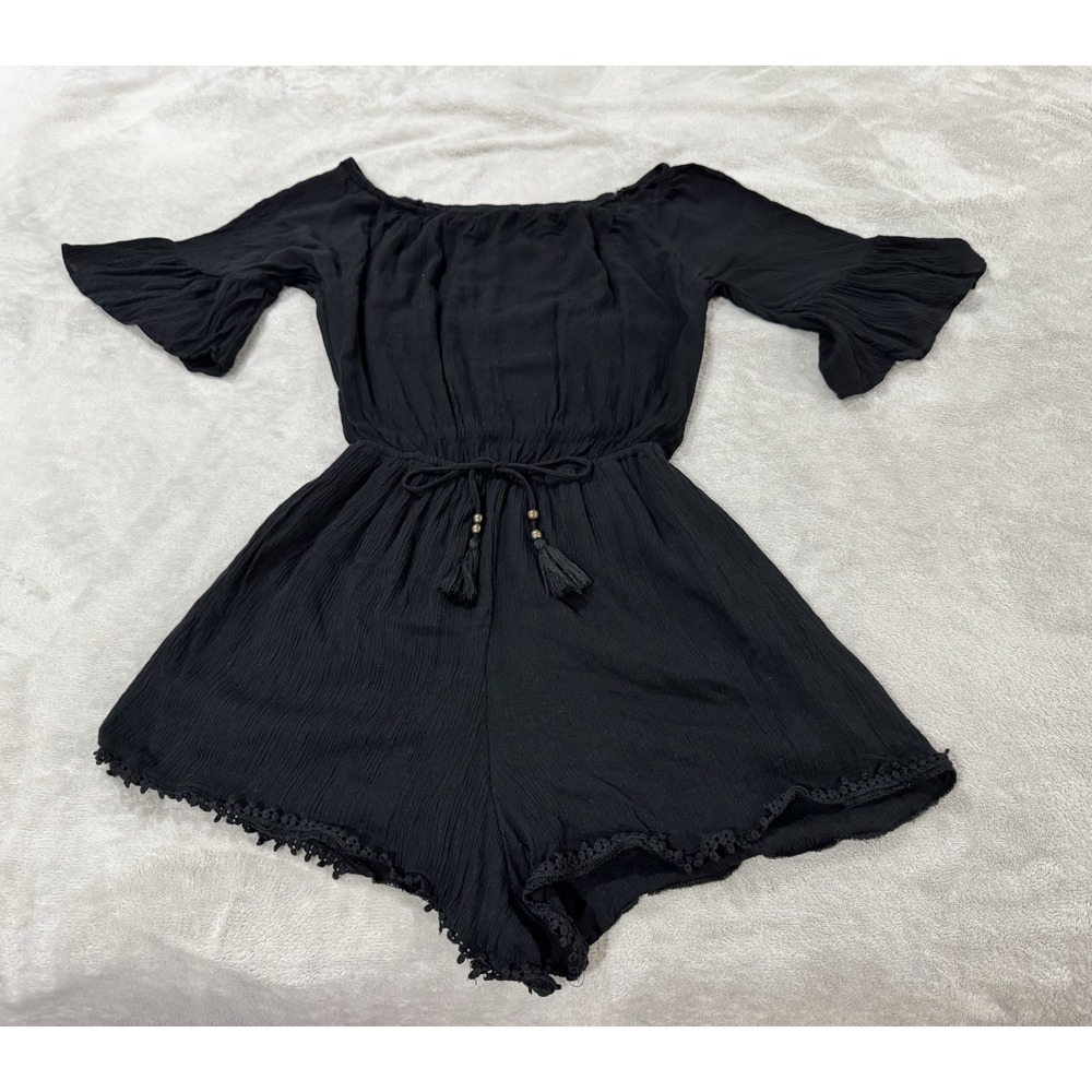 Hollister Black Gauze Romper Off Shoulder Ruffle Bell Sleeve Boho Festival
